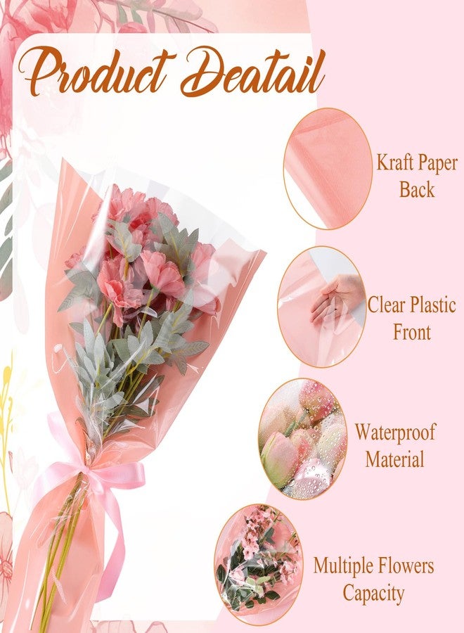 Fullhawl 50 Pcs Flower Bouquet Wrapping Bags 9.8 x 17.9 Inch and 14.2 x 22 Inch Valentine's Kraft Paper Flower Sleeves Floral Bags with Ribbons for Mother's Day Bouquet Wedding Birthday (Pink) - Image 4